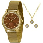 Kit Relógio Feminino Dourado Lince LRGJ106L KX74 Folhado em Ouro 18k Fundo Marrom Lindo