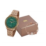 Ficha técnica e caractérísticas do produto Kit Relógio Feminino Mondaine Dourado 53712LPMVRE2K1 Visor Verde com Pulseira de Berloques
