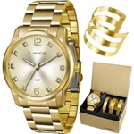 Kit Relógio Lince Feminino Dourado com Bracelete LRG4391LK190C2KX Analógico 5 Atm Cristal Mineral