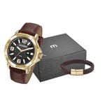 Ficha técnica e caractérísticas do produto Kit Relogio Masculino Dourado Pulseira Couro Mondaine - Lince