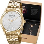 Kit Relógio Seculus Feminino Dourado com Colar Jesus 35006LPSKDA1K1 Tamanho