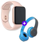 Ficha técnica e caractérísticas do produto Kit SmartWatch IWO8 44mm Compatível Android e IOS Dourado + Fone de Ouvido Sem Fio Bluetooth Dobrável P47 Azul - Fone Bluetooth