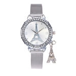 Ficha técnica e caractérísticas do produto Moda feminina Torre Eiffel Pingente relógio de pulso Strap liga relógio de pulso de quartzo