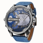 Ficha técnica e caractérísticas do produto Moda masculina grande mostrador de relógios relógios pulseira de couro azul Dois fusos horários esporte Casual piloto militar de luxo de alta qualidade relógio de quartzo