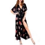 Ficha técnica e caractérísticas do produto Mulheres Moda elegante Impresso Flower Dress Sexy V-neck corte Chiffon Praia longa saia