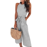 Ficha técnica e caractérísticas do produto Mulheres Moda Magro Belted Sexy Striped mangas Jumpsuit Rodada roupa pescoço Calças siamesas