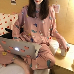 Ficha técnica e caractérísticas do produto Mulheres Primavera Outono Conjunto de Pijama Manga Longa Tops Calças Animal Dos Desenhos Animados Tripulação Pescoço Casa Terno