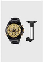 Relógio de Pulso Masculino Edifice C/ Pulseira em Aço Inoxidável + Acessório para Vinho Preto/Dourado