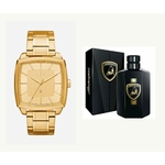 Ficha técnica e caractérísticas do produto Relógio Arman Masculino Dourado + Perfume Lamborghini 100ml