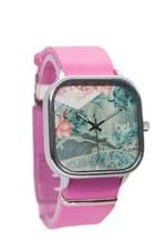 Relógio Bewatch Pulseira de Couro Rosa Jeans Floral