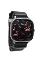 Relógio Bewatchoficial Flamingo Rose Pulseira de Couro Preta