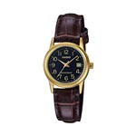 Ficha técnica e caractérísticas do produto Relógio Casio Ladies LTP-V002GL-1B Analógico Dourado Mostrador Preto