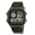 Ficha técnica e caractérísticas do produto Relógio Casio Masculino Sportivo Digital Hora Muldial 48 Cidades Pulseira de Lona Verde / Preto Ae-1200Whb-3Bvdf