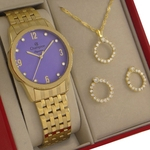 Ficha técnica e caractérísticas do produto Relógio Champion Feminino Dourado Ouro CN26082B prova d'água + colar e brincos + 1 ano de garantia
