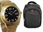 Ficha técnica e caractérísticas do produto Relógio Champion Masculino Dourado Casual 5ATM + Mochila Cinza