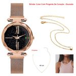 Ficha técnica e caractérísticas do produto Relógio Com Pulseira Magnética - DOURADO + Colar Com Pingente De Coração.