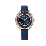 Relógio Crystalline Aura, Pulseira de Couro, Azul, Revestido em Tom de Ouro Rosa