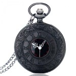 Ficha técnica e caractérísticas do produto Relógio de Bolso Black Steampunk Corrente Aço Vintage Quartzo - Renascença