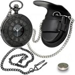 Ficha técnica e caractérísticas do produto Relógio de Bolso Black Steampunk Corrente C/ Clip Capa Couro