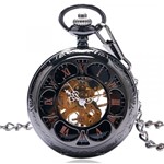 Relógio de Bolso Mecânico Dark Steampunk Preto a Corda Lapela Semi Automático - Renascença