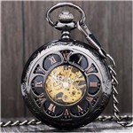 Ficha técnica e caractérísticas do produto Relógio de Bolso Mecânico Dark Steampunk Preto a Corda Lapela Vintage