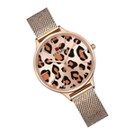 Ficha técnica e caractérísticas do produto Relógio de discagem de leopardo das mulheres malha banda ponteiro de quartzo relógio de pulso Rose Gold