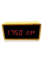 Relógio de Mesa Despertador Termômetro Madeira LED Amarelo