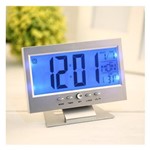 Ficha técnica e caractérísticas do produto Relógio de Mesa Digital LCD Led Acionamento Sonoro Despertador Termometro PRATA CBRN01439 - Zuimports