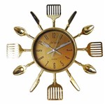 Ficha técnica e caractérísticas do produto Relógio de Parece Cozinha Talheres Dourado Garfo Colher - Nova Era