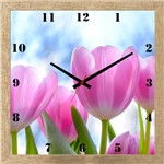 Relógio de Parede Decorativo Moldura Prata Flor Tulipas 30x30cm