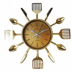 Ficha técnica e caractérísticas do produto Relógio de Parede Talheres de Cozinha Garfo e Colher Dourado - Nova Era