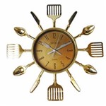 Ficha técnica e caractérísticas do produto Relógio de Parede Talheres de Cozinha Garfo e Colher Dourado