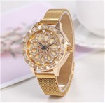 Relógio de Pulso Giratório Quartz Feminino de Pulseira Magnética Dourado