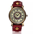 Relógio de Pulso Quartz Feminino Vintage de Couro Vermelho Escuro