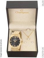 Ficha técnica e caractérísticas do produto Relógio Dourado Feminino Champion Pulseira Elástica + Brinco + Colar - REF. CN27812k