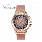 Relógio Feminino Aço Rosé Flor Quartz Céu Estrelado Vansvar