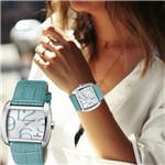Ficha técnica e caractérísticas do produto Relógio Feminino Champion Prateado Quadrado Pulseira Azul Claro Original CH22591F