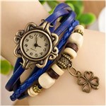 Relógio Feminino com Pulseira de Couro com Pingente de Trevo de 4 Folhas (Azul Safira)