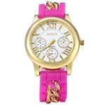 Relógio Feminino com Pulseira de Silicone e Corrente (Rosa)