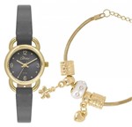 Relógio Feminino Dourado Condor Pulseira em Couro Kit Jóias Pulseira Berloque