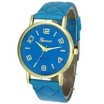 Relógio Feminino Dourado Geneva Matelassê Azul Claro