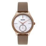 Ficha técnica e caractérísticas do produto Relogio Feminino Dourado Orient Pulseira de Couro Marrom Fundo Branco de Madrepérola FGSC0012 B1FX