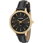 Ficha técnica e caractérísticas do produto Relógio Feminino Dourado Pulseira de Couro Preta Fundo Preto - Mondaine