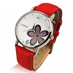 Ficha técnica e caractérísticas do produto Relogio Feminino Flor Rosa Brilhante Delicado Fashion Luxo Casual Fundo Branco Pulseira Vermelha - Yazole