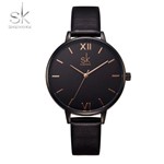 Relógio Feminino Inox Casual Pulseira Couro 30m - Preto - Shengke