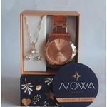 Relógio feminino nowa rosé original modelo nw4014k + kit semi joia