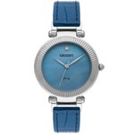 Ficha técnica e caractérísticas do produto Relógio Feminino Orient Prata Pulseira Couro Azul e Pedras