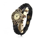 Relógio Feminino Pulso Pulseira Couro Pingente Gato - Preto