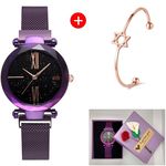 Relógio Feminino Roxo com Pulseira Magnética + Bracelete + Caixa Florida.