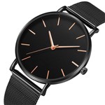 Ficha técnica e caractérísticas do produto Relógio Feminino Ultrafino Black Design Quartz Pulseira Aço - Horyums